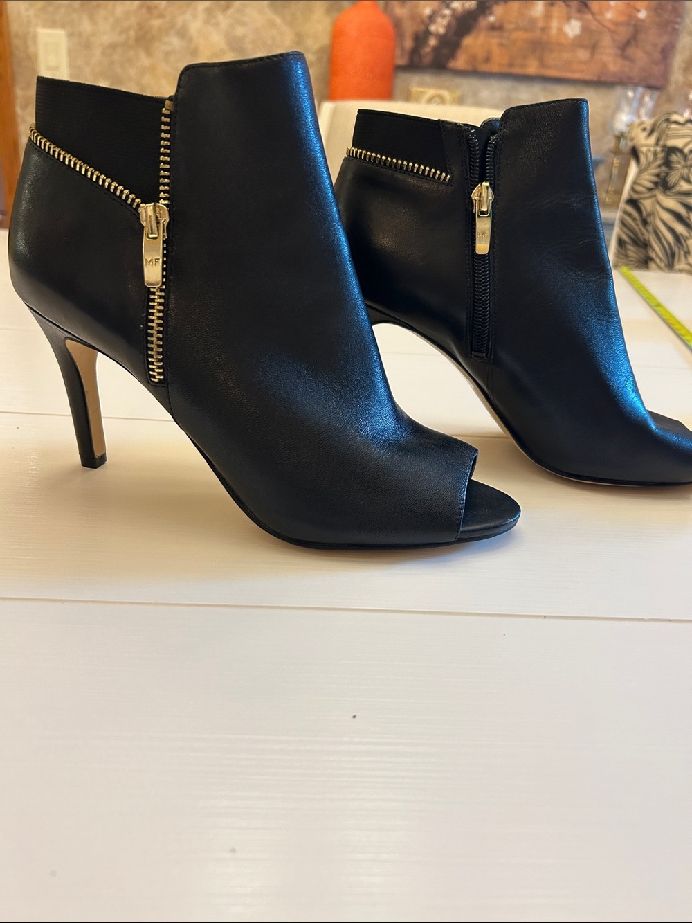 Marc Fisher Black Peep-Toe Ankle Booties with Gold Zipper Detail